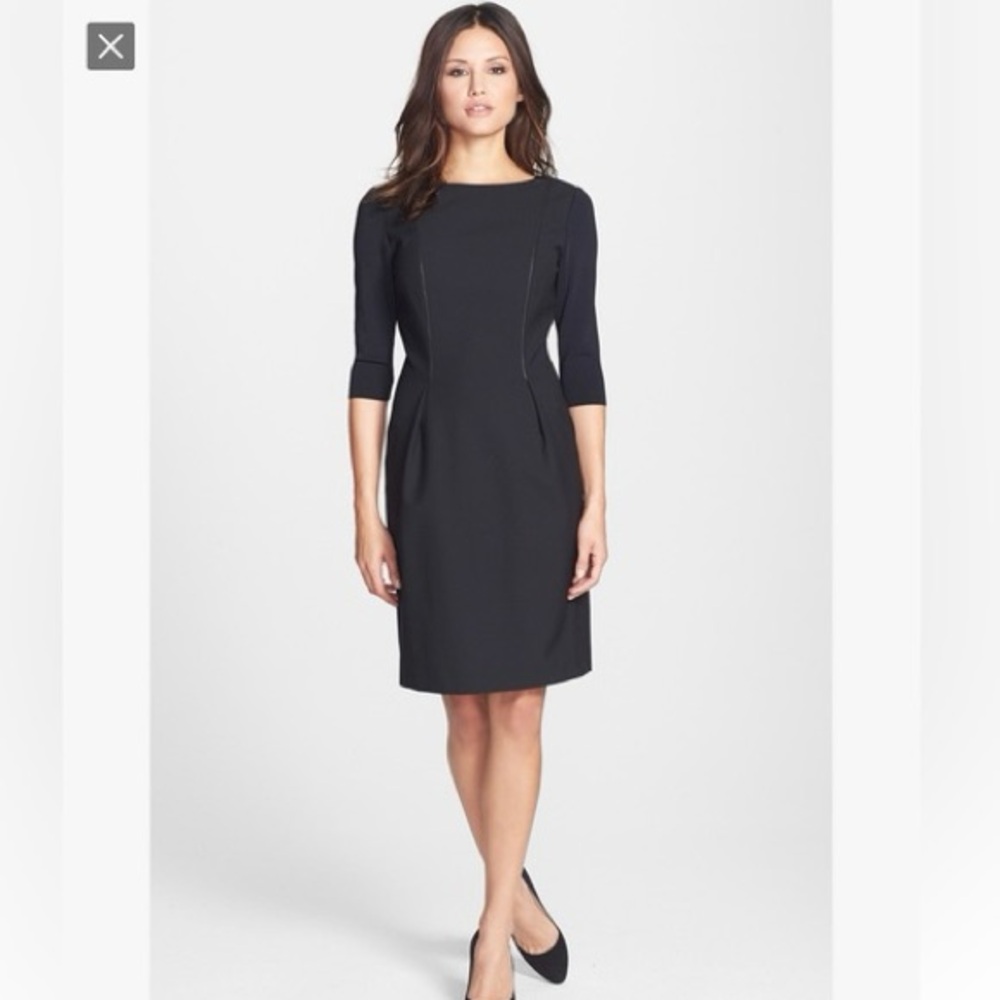Tahari Black Knit Dress 6P Short Sleeves Zip Back Front Pockets
